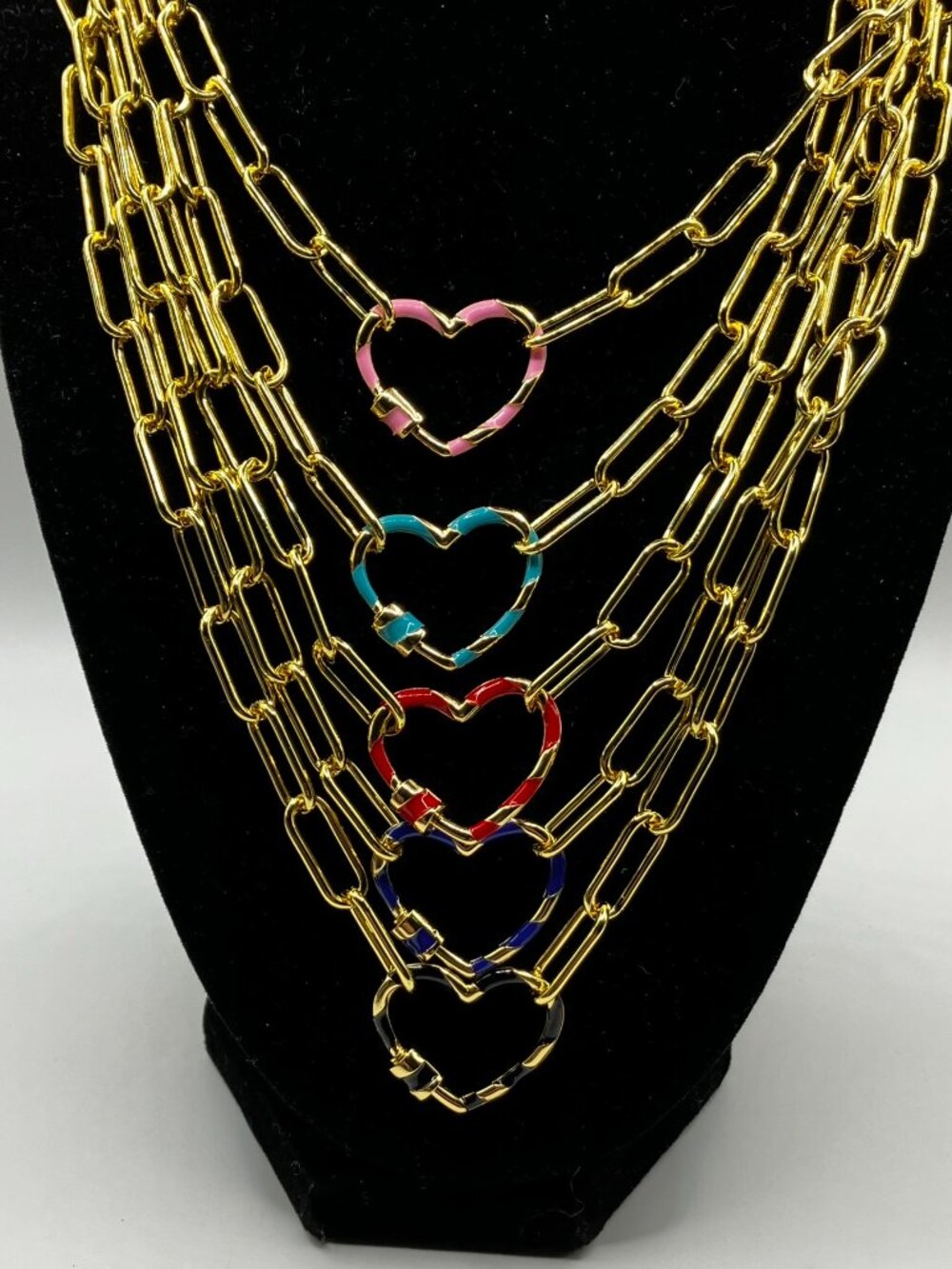 Real 18k Gold Plated PAPER CLIP 20-in Chain over Brass + Color Enamel Heart NEW